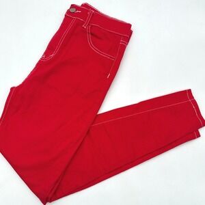 Shein Bright Red High Waisted Skinny Ankle Jeans Pants White Stitching 90s Y2K M